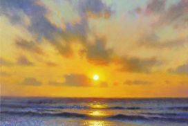 sunrise painting of beach with ocean waves and light by North Carolina artist Jeremy Sams