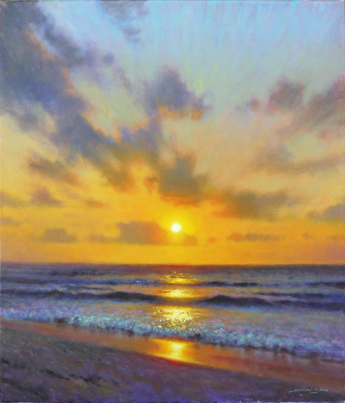 sunrise painting of beach with ocean waves and light by North Carolina artist Jeremy Sams