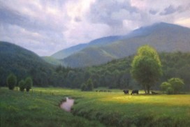 Painting of cows in the field below Celo Mountain before a rain storm by North Carolina artist Jeremy Sams