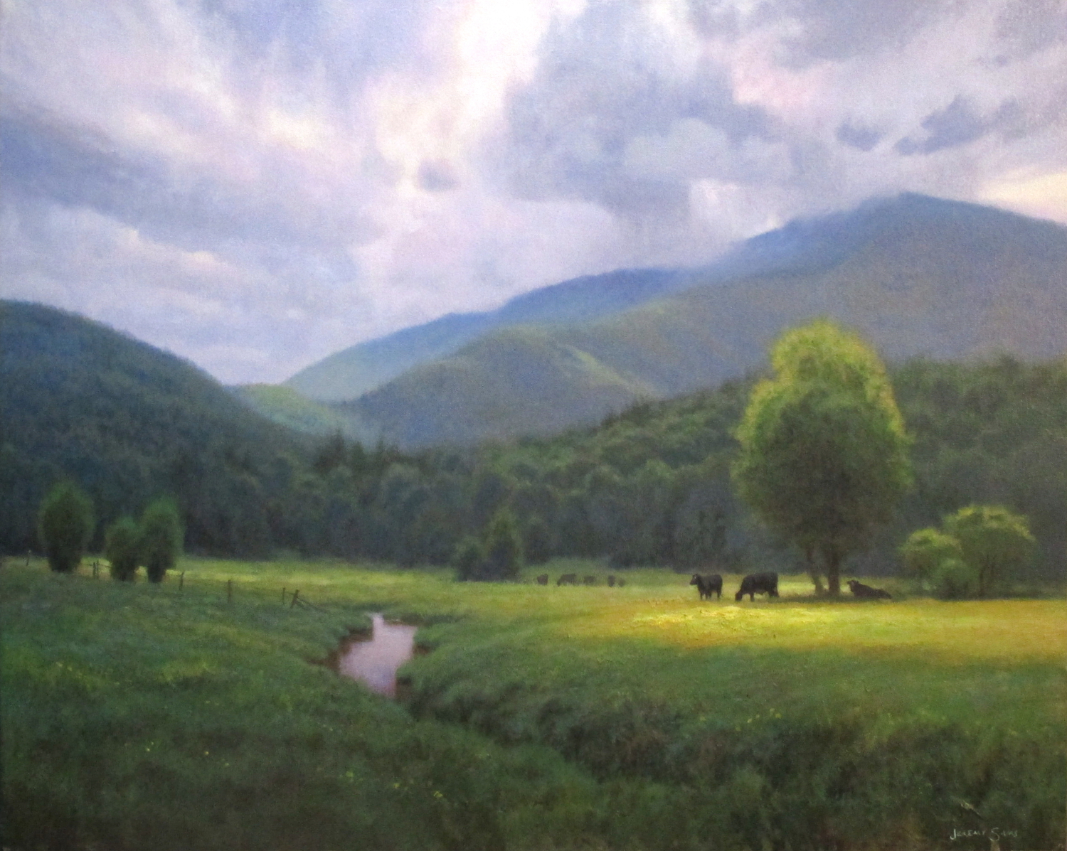 Painting of cows in the field below Celo Mountain before a rain storm by North Carolina artist Jeremy Sams