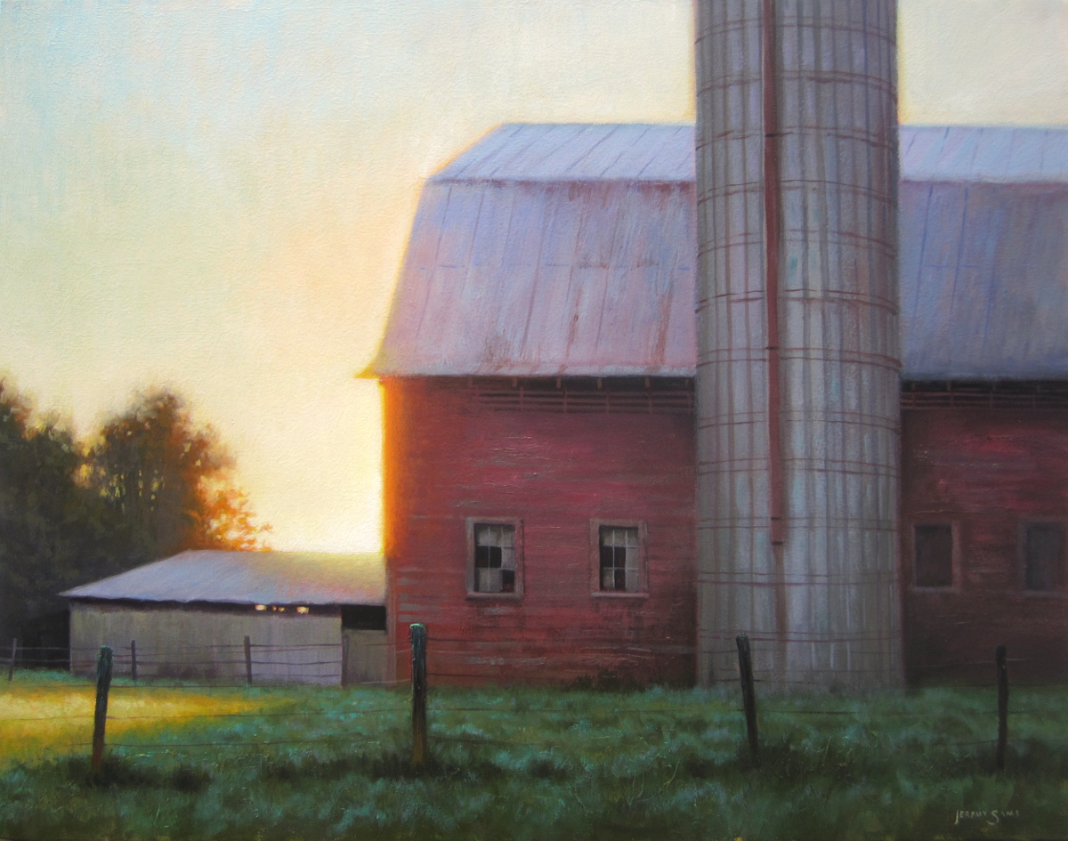 Painting of barn farm in the morning with sunrise by North Carolina artist Jeremy Sams
