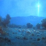 Jesus birth with shepherds and sheep at night looking at the star of Bethlehem church mural painting by North Carolina artist Jeremy Sams