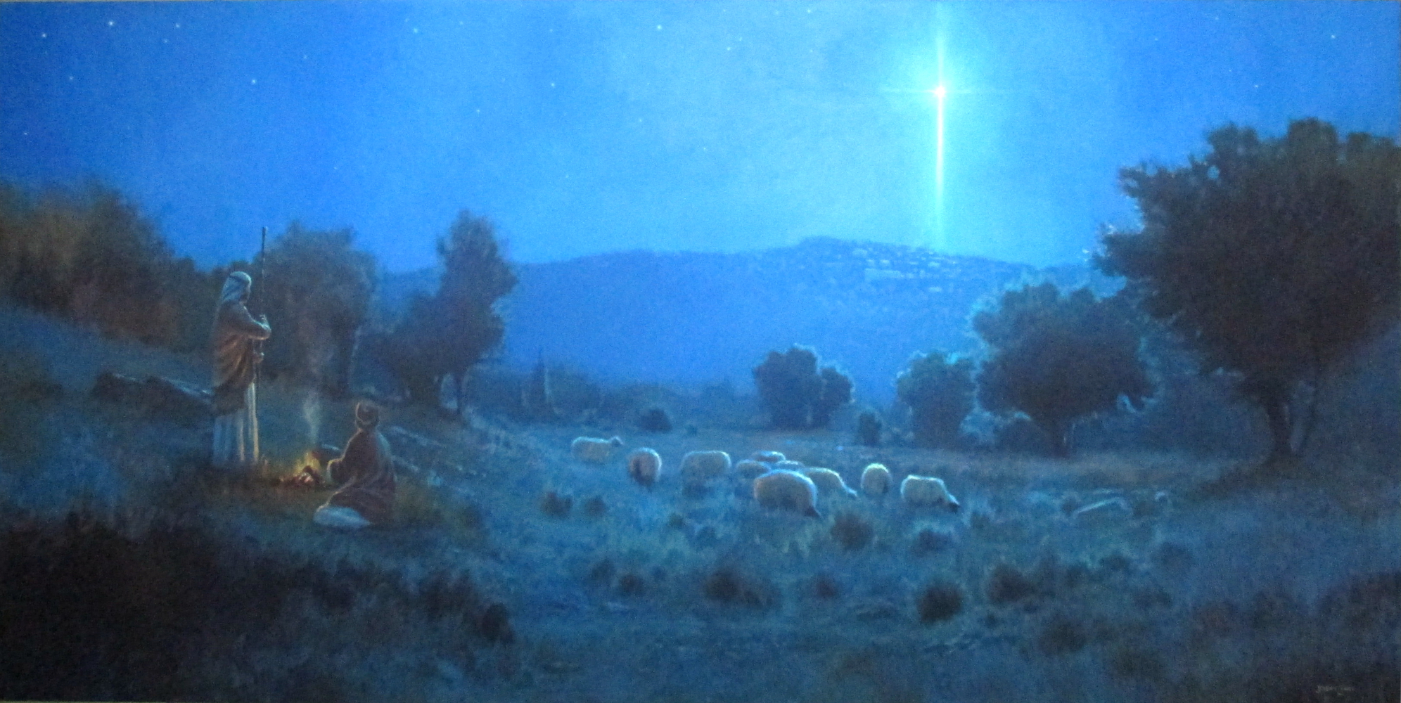 Jesus birth with shepherds and sheep at night looking at the star of Bethlehem church mural painting by North Carolina artist Jeremy Sams