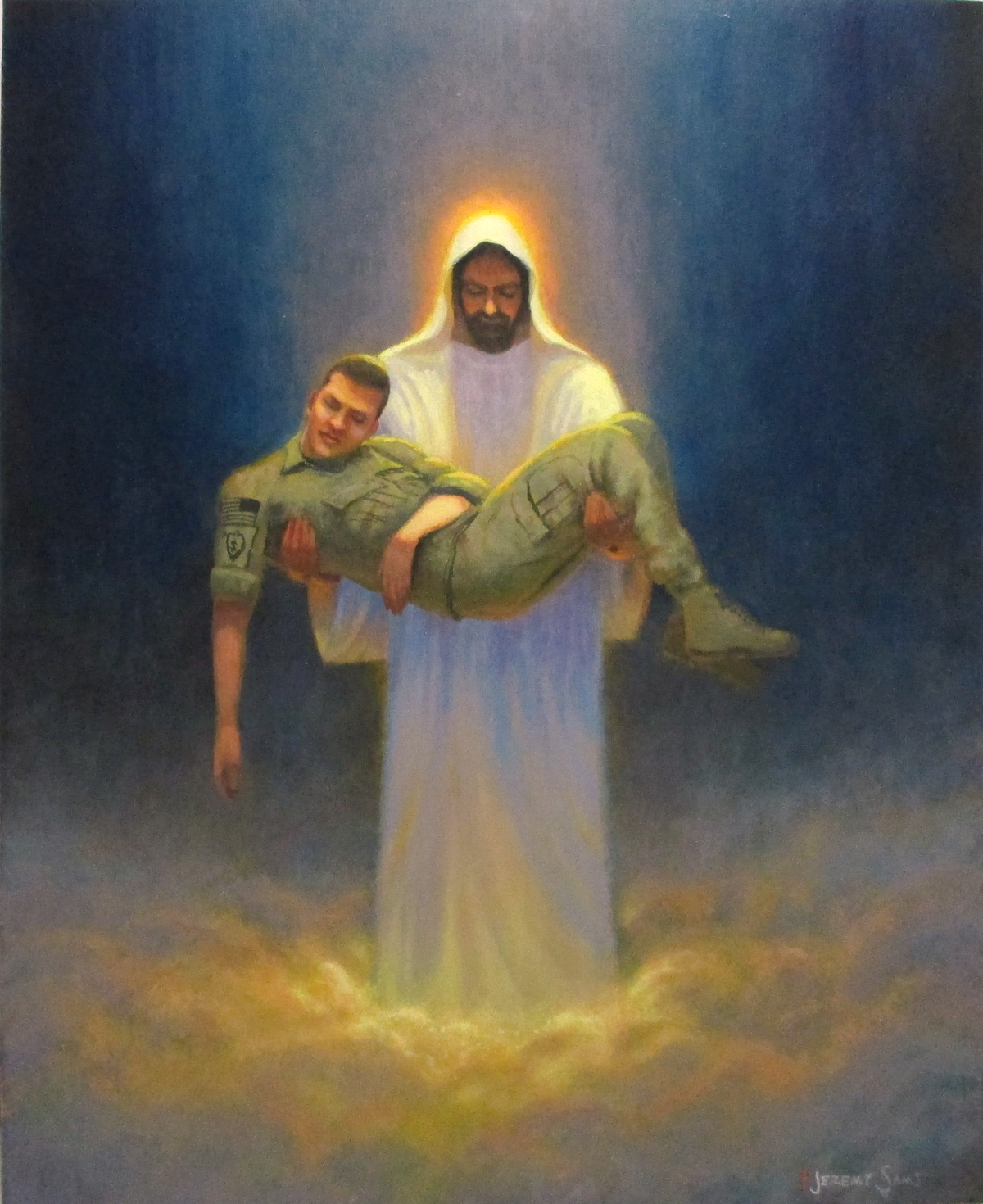 portrait of Jesus Christ holding fallen soldier in His arms painted by North Carolina artist Jeremy Sams