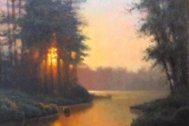 Original acrylic landscape painting of a sunset illuminating a river by North Carolina artist Jeremy Sams