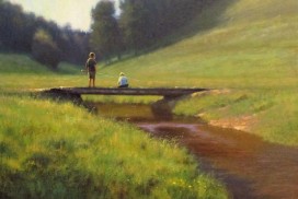 Original acrylic landscape painting of two boys fishing off a bridge in the mountains of North Carolina by Jeremy Sams