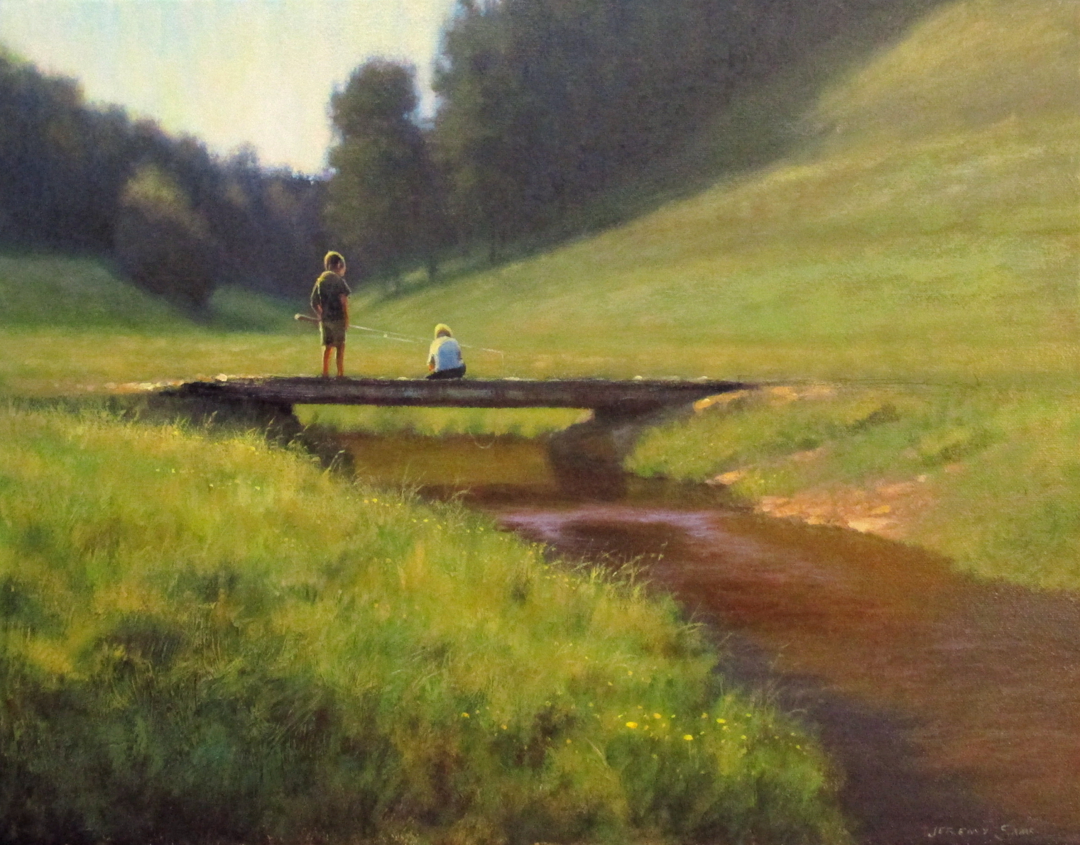 Original acrylic landscape painting of two boys fishing off a bridge in the mountains of North Carolina by Jeremy Sams