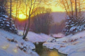 Original acrylic landscape painting of a sun setting over the mountains in the snow with a stream by North Carolina artist Jeremy Sams