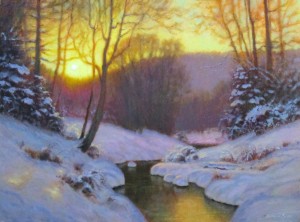 Original acrylic landscape painting of a sun setting over the mountains in the snow with a stream by North Carolina artist Jeremy Sams