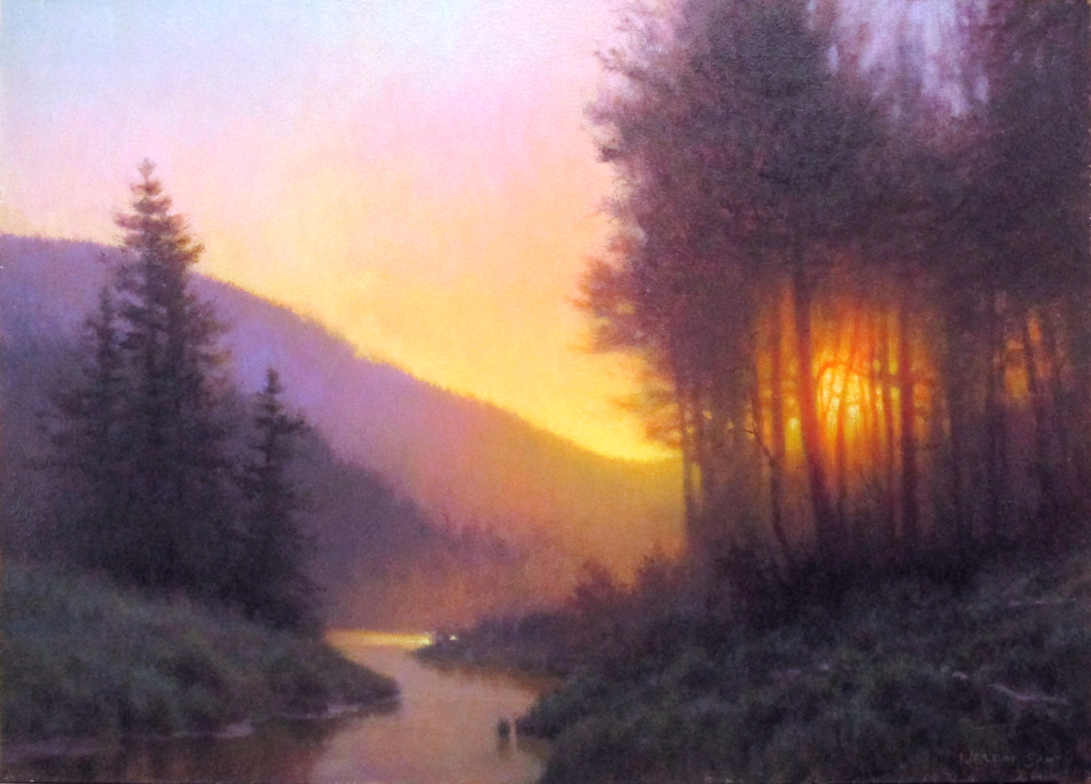 original acrylic painting of Appalachian Mountain sunset with creek by North Carolina artist, Jeremy Sams