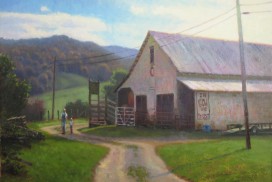 original painting of a white barn in Valle Crucis, in autumn by North Carolina artist Jeremy Sams