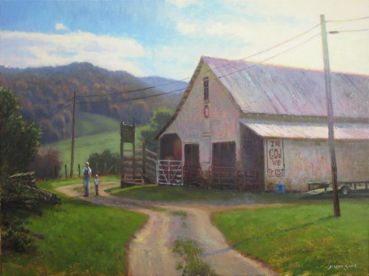 original painting of a white barn in Valle Crucis, in autumn by North Carolina artist Jeremy Sams