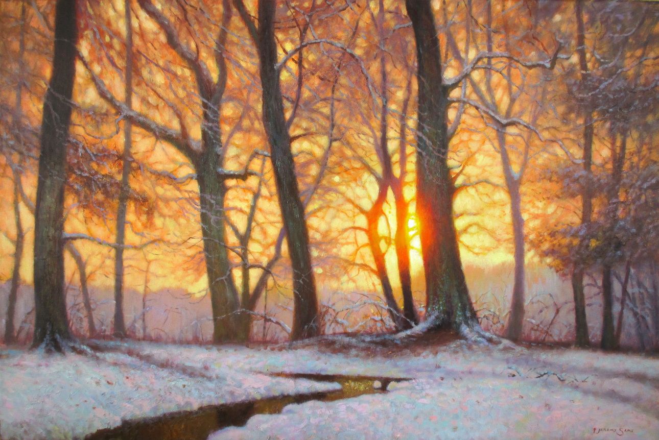 original painting of the sunset in snow with trees by North Carolina artist Jeremy Sams