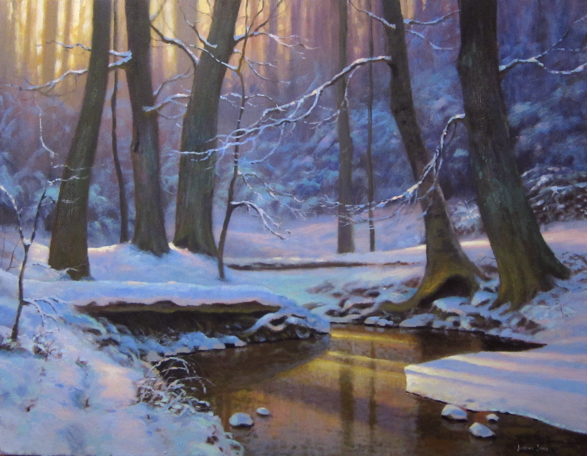 Winter snow landscape impressionist painting of creek by North Carolina artist Jeremy Sams