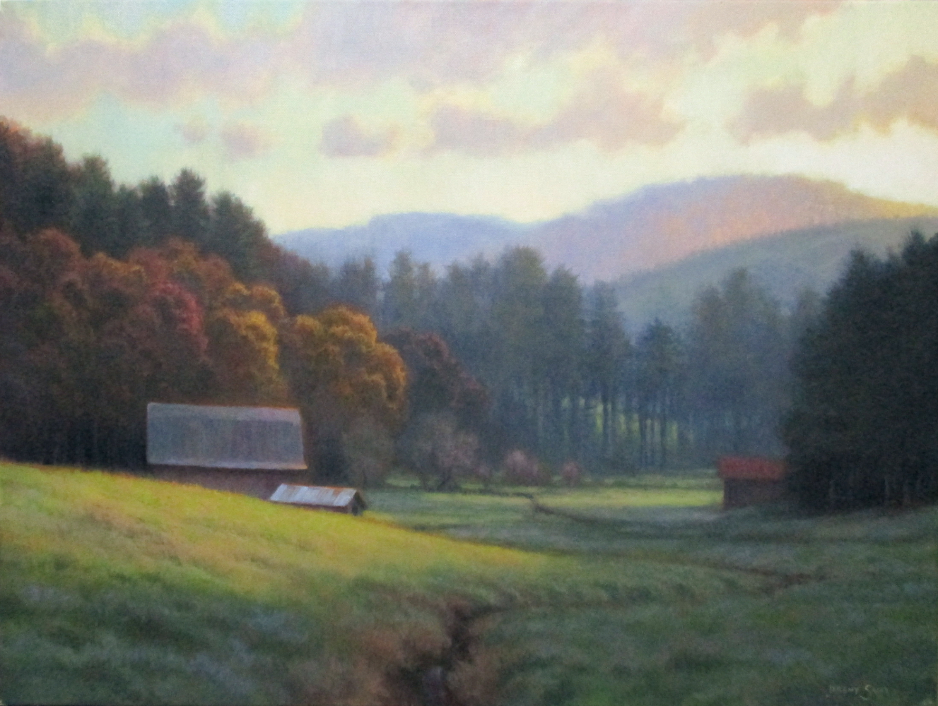Acrylic painting of autumn farm with barns in valley with Blue Ridge Mountains by North Carolina artist Jeremy Sams