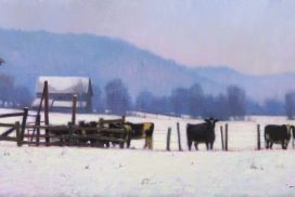 winter painting of snow on the farm in the mountains with cows by North Carolina artist, Jeremy Sams