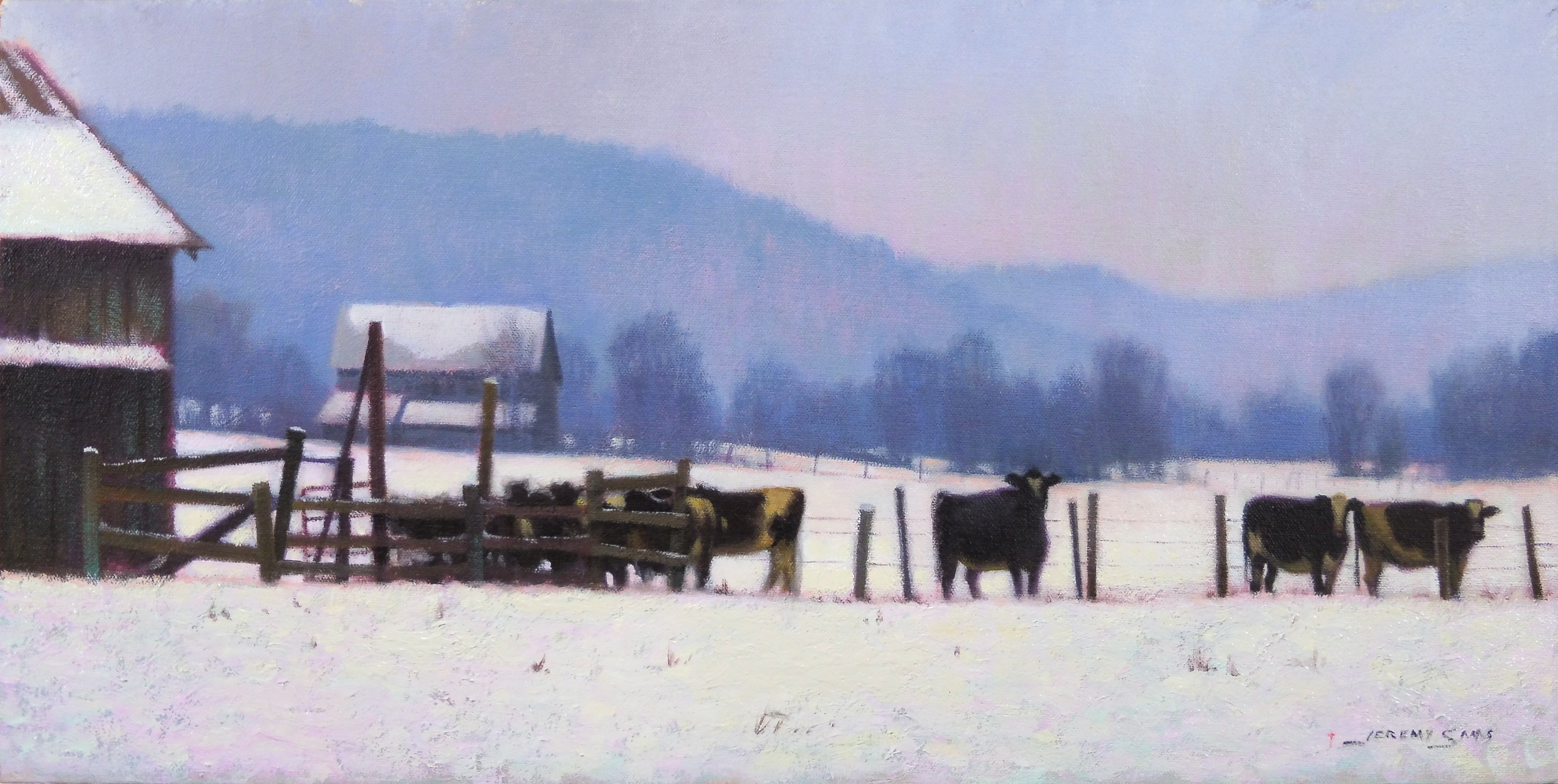 winter painting of snow on the farm in the mountains with cows by North Carolina artist, Jeremy Sams