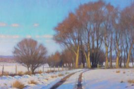 acrylic painting of snow trees and a road in the country