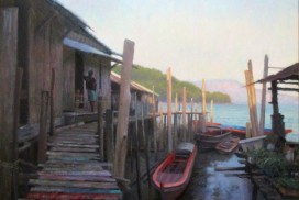 Painting of fishing docks in Kawthaung Myanmar by North Carolina artist Jeremy Sams