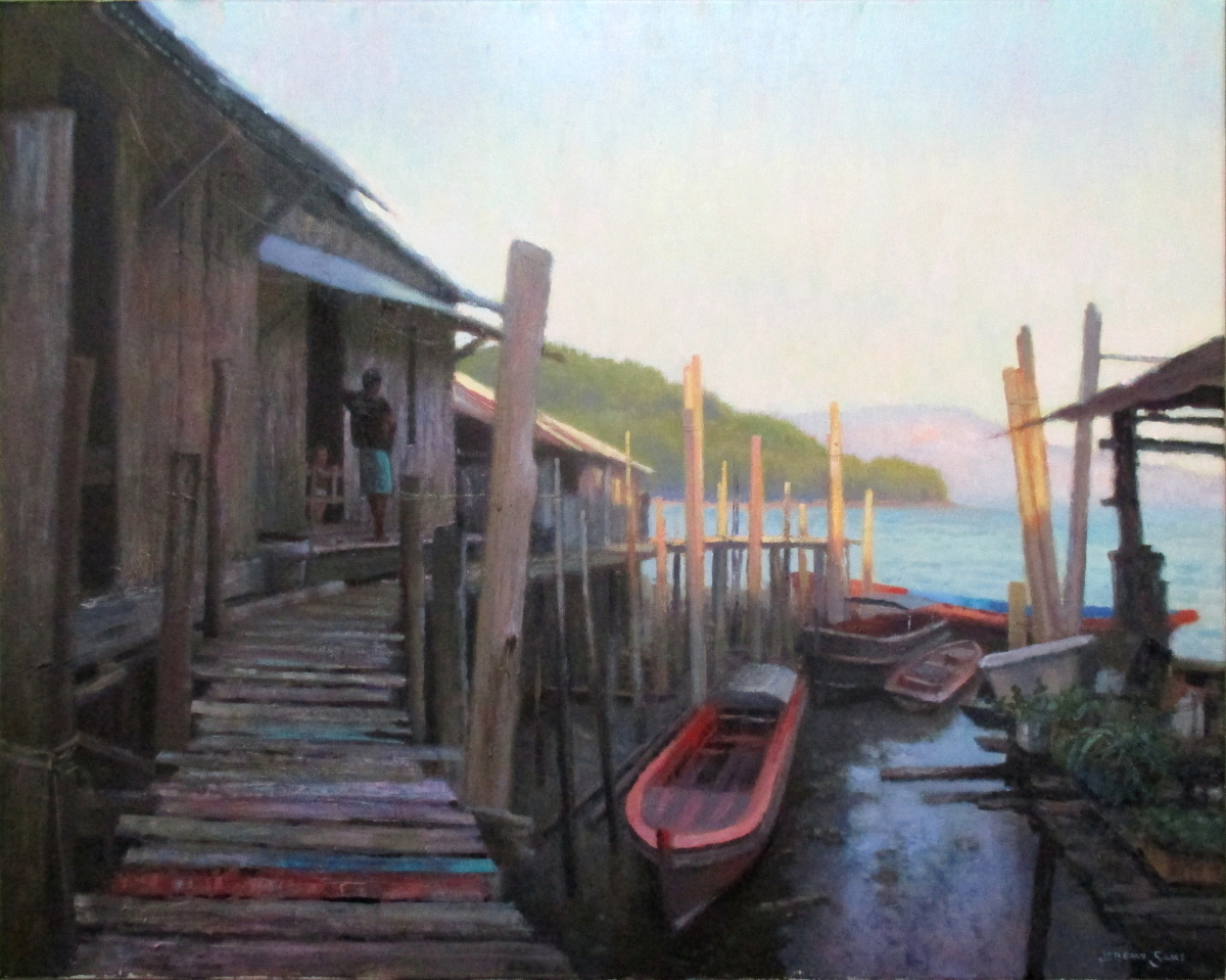 Painting of fishing docks in Kawthaung Myanmar by North Carolina artist Jeremy Sams