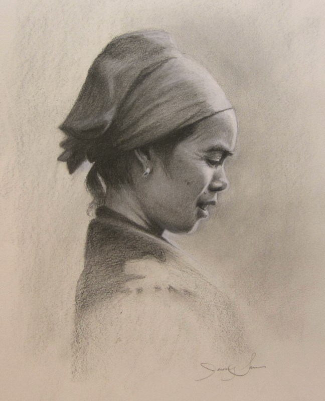 Charcoal portrait of Asian Lady