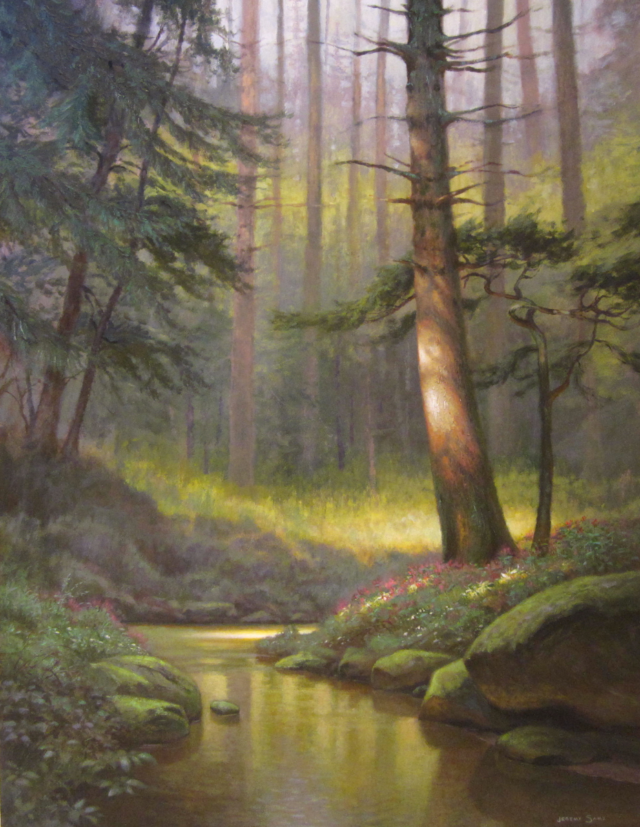 Painting of eastern hemlock in valley with a creek and indian pink in the forest of North Carolina mountains by North Carolina artist, Jeremy Sams