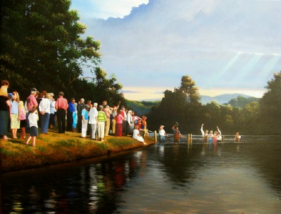 painting of Cane River revival baptism by North Carolina artist, Jeremy Sams