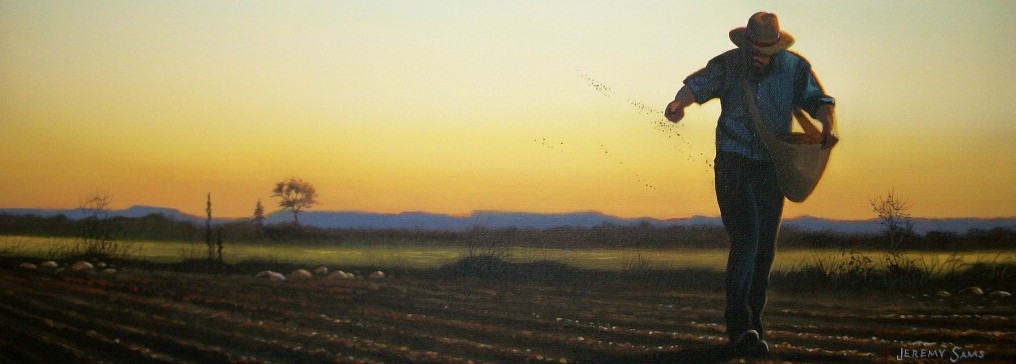 painting of a man sowing seed in the field by North Carolina artist, Jeremy Sams