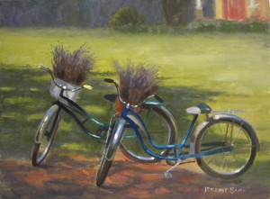 Sunshine farm Lavender Garden plein air painting of bicycles with baskets of lavender