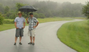 Jeremy and Bernie trying to stay dry