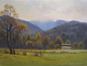 Plein air painting of a farm in Valle Crucis in the fall.