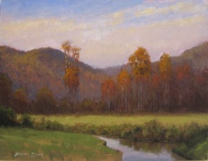 Plein air painting looking across Dutch Creek at the fall colors in Valle Crucis, NC, by North Cartolina artist, Jeremy Sams.