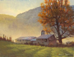 Plein air painting of a barn in the morning fog in Fleetwood, NC by North carolina artist, Jeremy Sams