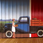 Lenoir County farmer's market mural, Kinston NC. Close up of lady carrying vegetables with early model Ford truck by North Carolina artist, Jeremy Sams