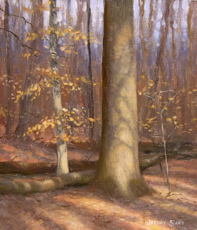 plein air painting of face-lit trees