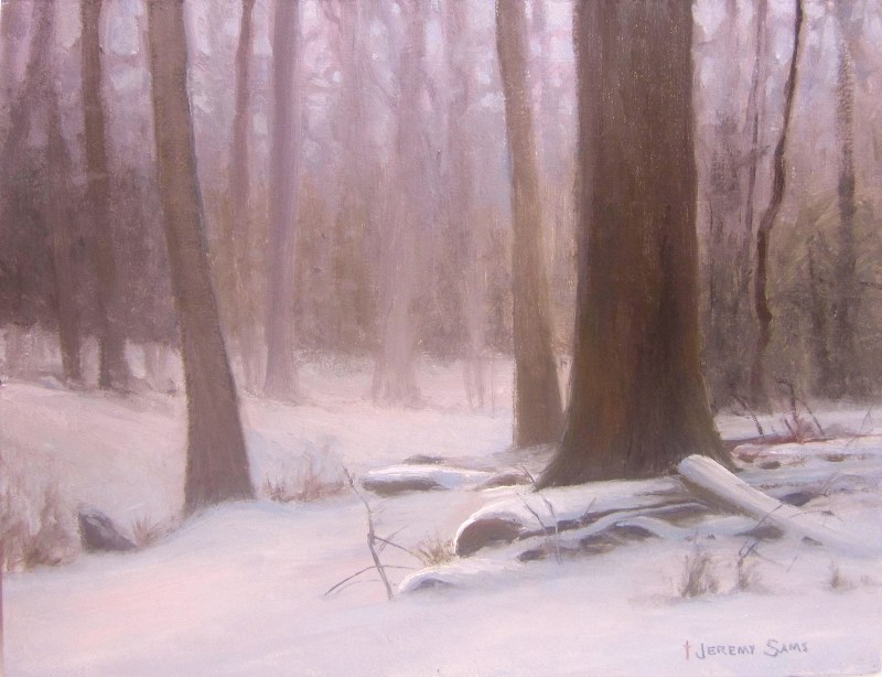 Snowfall in the Forest 8x10 acrylic en plein air