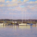 Early morning face lit plein air painting of boats in the harbor, 8x10 acrylic
