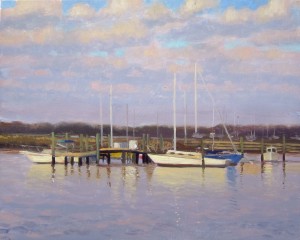 Early morning face lit plein air painting of boats in the harbor, 8x10 acrylic