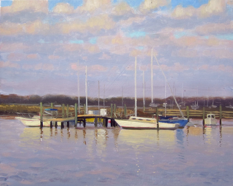 Early morning face lit plein air painting of boats in the harbor, 8x10 acrylic