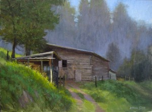 farm and barns woodshed Burnsville plein air painting by North Carolina artist Jeremy Sams