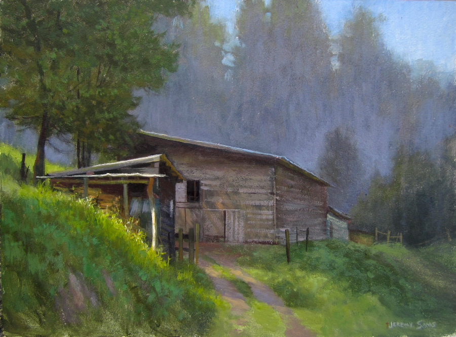 farm and barns woodshed Burnsville plein air painting by North Carolina artist Jeremy Sams