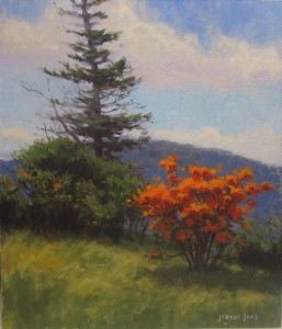 plein air painting of Flame azaleas on Roan Mountain by North Carolina artist Jeremy Sams