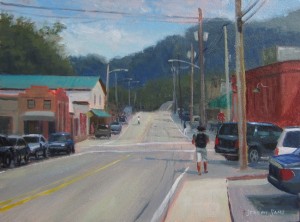 Plein air painting of student walking on Howard Street Boone NC by North Carolina artist Jeremy Sams