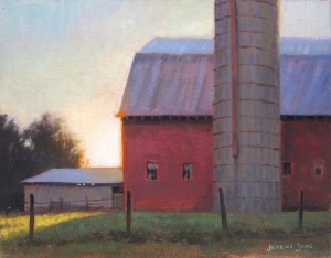 plein air painting of a barn and farm in the early morning by North Carolina artist Jeremy Sams