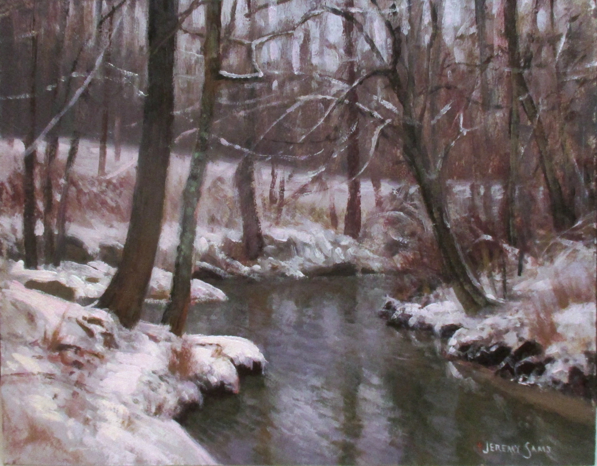 plein air painting of a creek in the snow by North Carolina artist Jeremy Sams