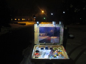 Plein air painting at night nocturne looking down David St. by North Carolina artist Jeremy Sams