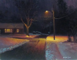 nocturne plein air painting in snow by North Carolina artist Jeremy Sams