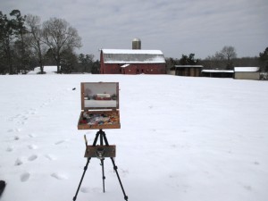 plein air painting a red barn in the snow by North Carolina artist Jeremy Sams