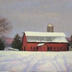 Plein air painting of the Farlow barn in the snow by North Carolina artist Jeremy Sams