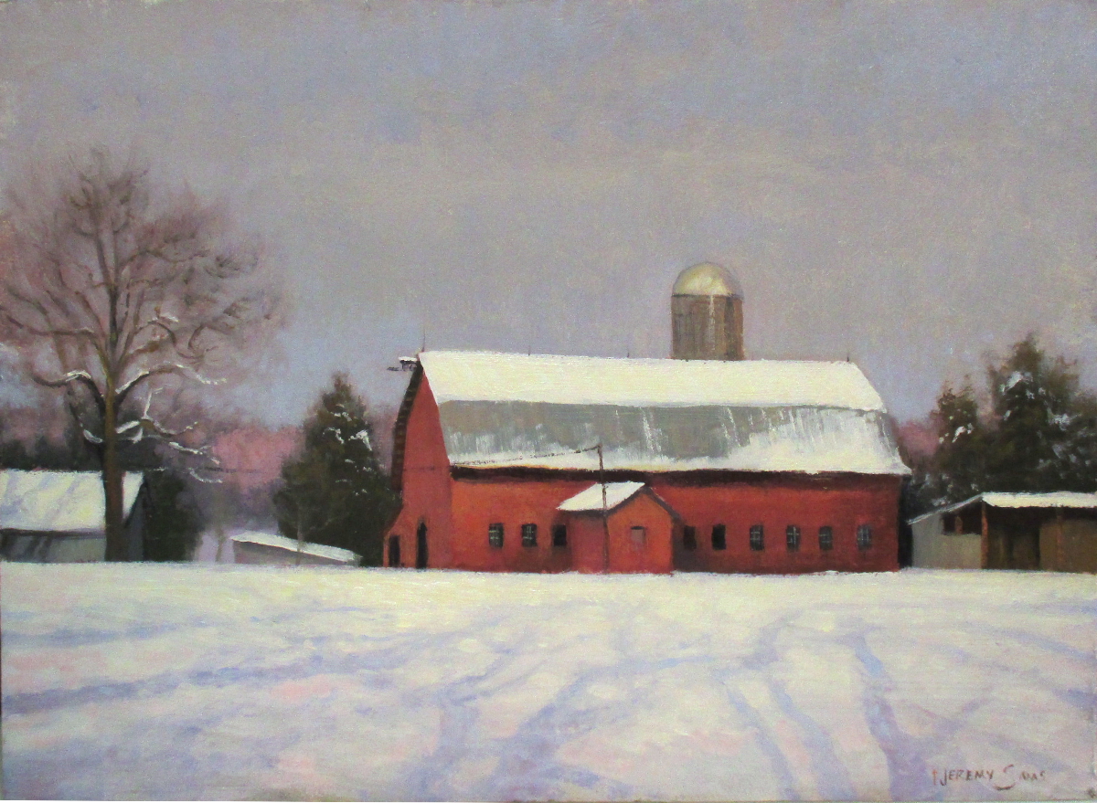Plein air painting of the Farlow barn in the snow by North Carolina artist Jeremy Sams